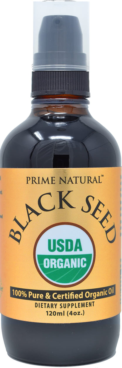 Prime Natural Organic Black Seed Oil 4oz – Cold Pressed, 1.7% Thymoquinone, USDA Organic, Turkish Origin