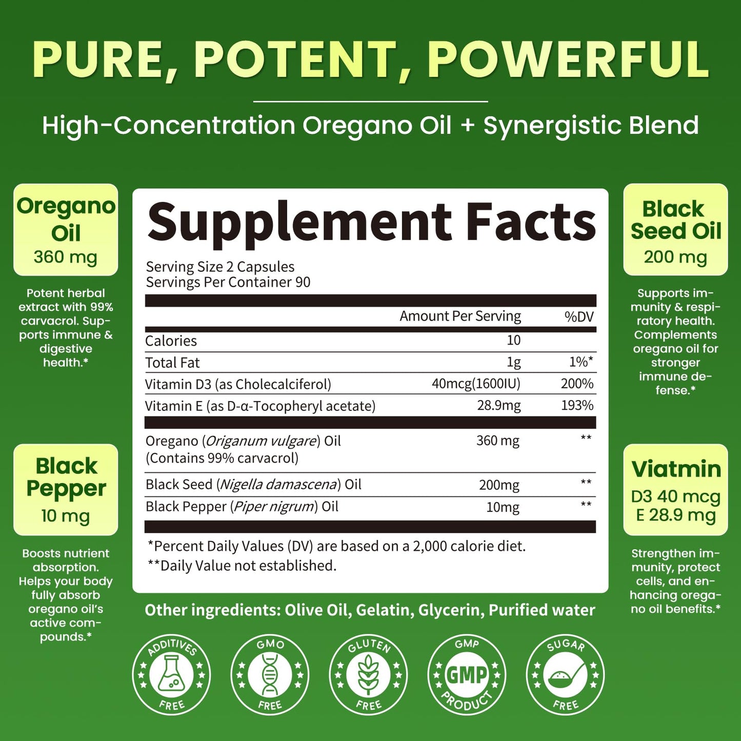 Organic Oregano Oil Capsules + Black Seed Oil | 99% Carvacrol, 180 Softgels