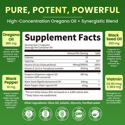 Organic Oregano Oil Capsules + Black Seed Oil | 99% Carvacrol, 180 Softgels