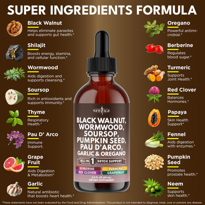Black Walnut Wormwood Cleanse Drops - 4oz Liquid Tincture with Soursop & Herbs