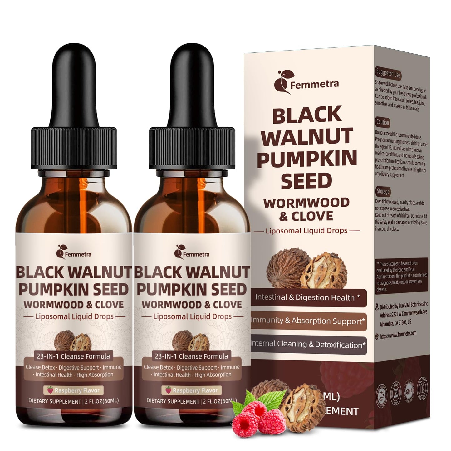 2-Pack Black Walnut Wormwood Clove Cleanse Drops - 23-in-1 Gut Health, Raspberry Flavor, 4 oz