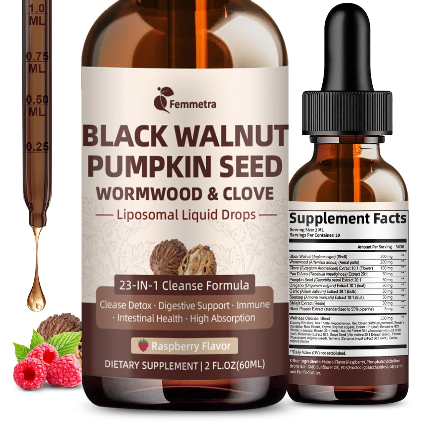 Black Walnut Wormwood Clove Cleanse Drops - 23-in-1 Gut Health Support (Raspberry, 2 oz)