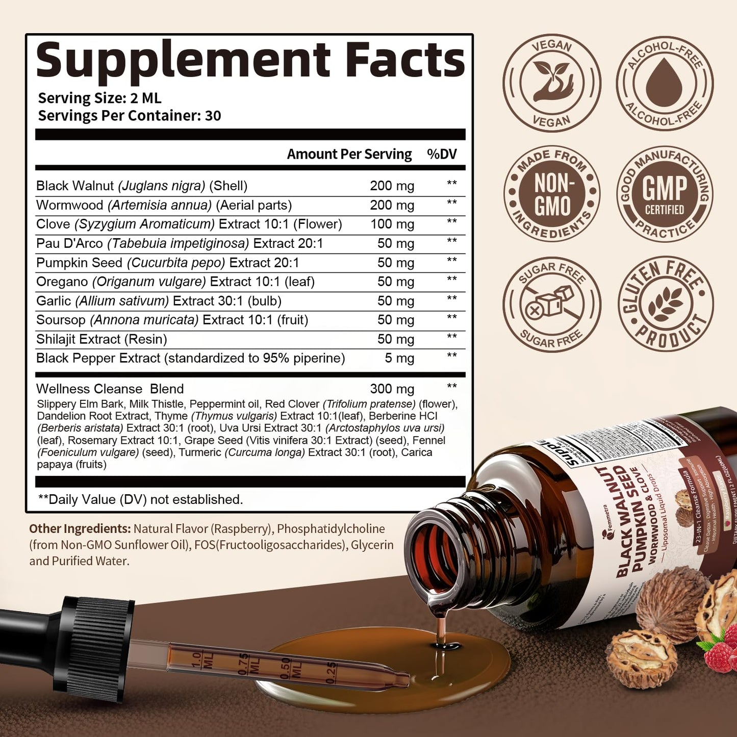 Black Walnut Wormwood Clove Cleanse Drops - 23-in-1 Gut Health Support (Raspberry, 2 oz)