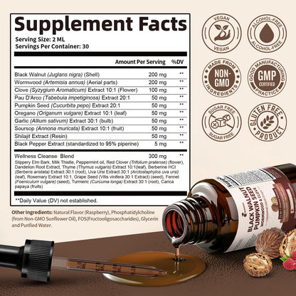 Black Walnut Wormwood Clove Cleanse Drops - 23-in-1 Gut Health Support (Raspberry, 2 oz)