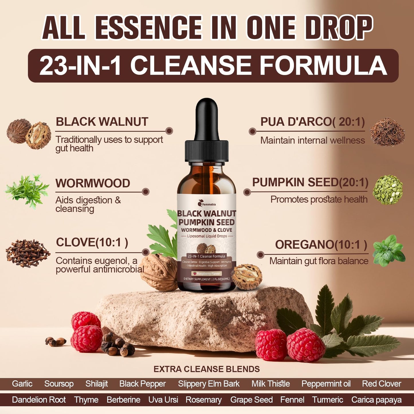 Black Walnut Wormwood Clove Cleanse Drops - 23-in-1 Gut Health Support (Raspberry, 2 oz)