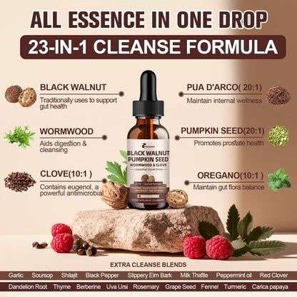 Black Walnut Wormwood Clove Cleanse Drops - 23-in-1 Gut Health Support (Raspberry, 2 oz)