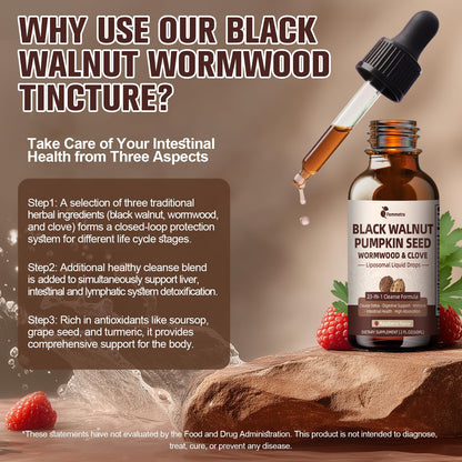 Black Walnut Wormwood Clove Cleanse Drops - 23-in-1 Gut Health Support (Raspberry, 2 oz)