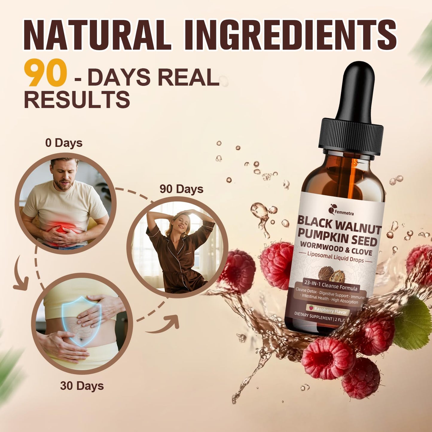 Black Walnut Wormwood Clove Cleanse Drops - 23-in-1 Gut Health Support (Raspberry, 2 oz)