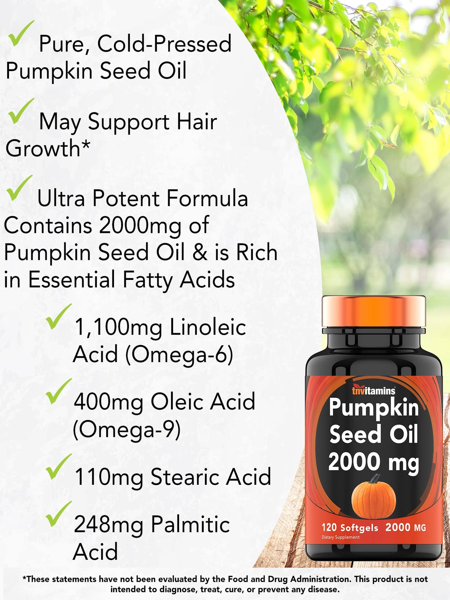 tnvitamins Pumpkin Seed Oil 2000 mg - 120 Softgels | Hair Growth & Bladder Support