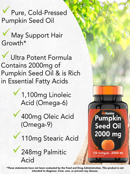 tnvitamins Pumpkin Seed Oil 2000 mg - 120 Softgels | Hair Growth & Bladder Support