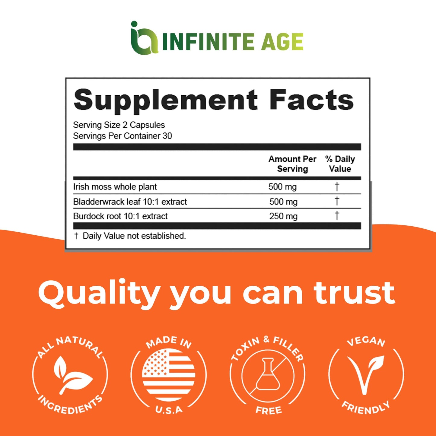 INFINITE AGE 1250mg Sea Moss Capsules – 60 Count, Vegan, Made in USA