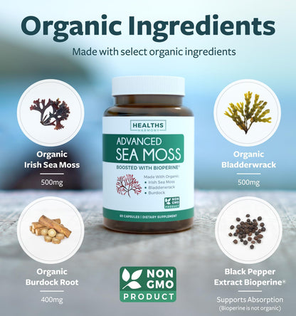Organic Irish Sea Moss Capsules with Bladderwrack & Burdock - USA Made