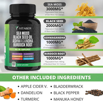 Sea Moss Black Seed Oil Ashwagandha Turmeric Burdock Root | All-in-One Sea Moss Capsules - 60 Count