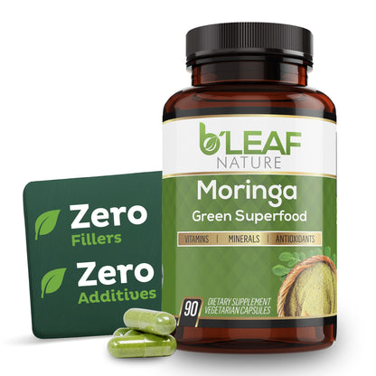 B’LEAF NATURE Organic Moringa Capsules 1000mg – 90 Count | Immune Support, Energy & Balance | Vegan, Non-GMO