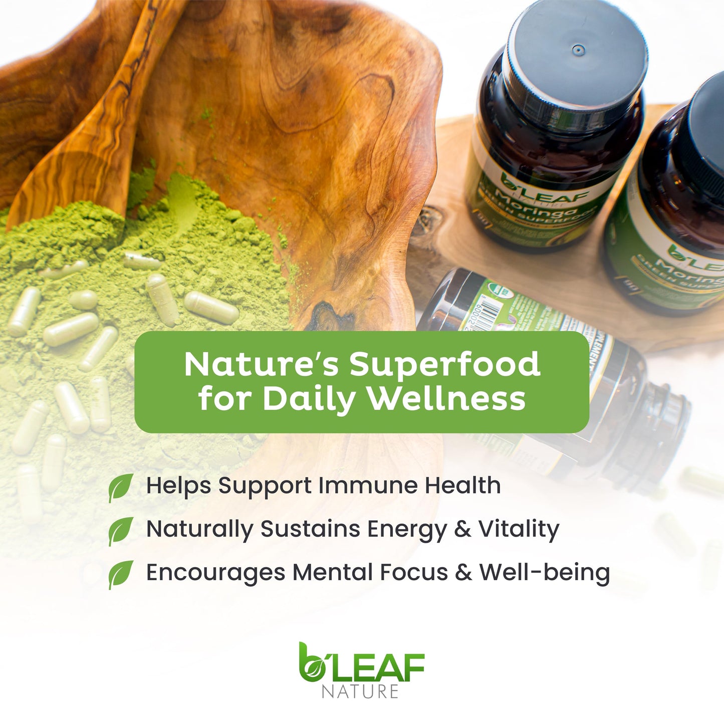 B’LEAF NATURE Organic Moringa Capsules 1000mg – 90 Count | Immune Support, Energy & Balance | Vegan, Non-GMO