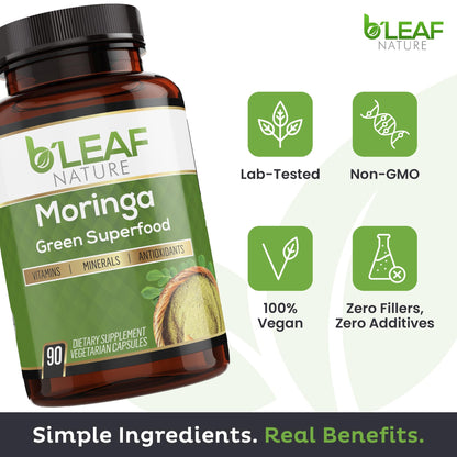 B’LEAF NATURE Organic Moringa Capsules 1000mg – 90 Count | Immune Support, Energy & Balance | Vegan, Non-GMO