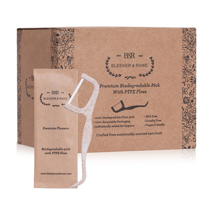 Bleeker and Rowe Biodegradable Floss Picks - Eco-Friendly PTFE Flossers 150 Pack