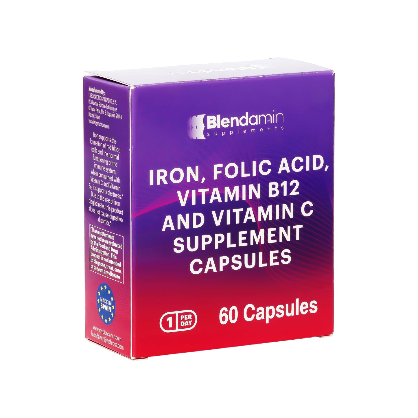 Blendamin Iron Ferrous Bisglycinate with B12, Folic Acid & Vitamin C - Red Blood Cell Formation and Immunity Support (60 Capsules)