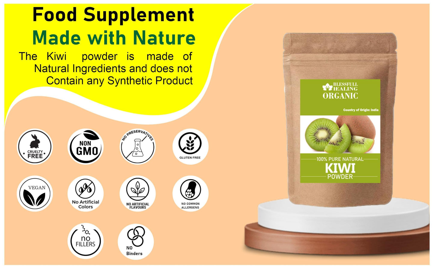 Blessfull Healing Organic Kiwi Powder - 100% Pure Natural, 100 g (3.52 oz)