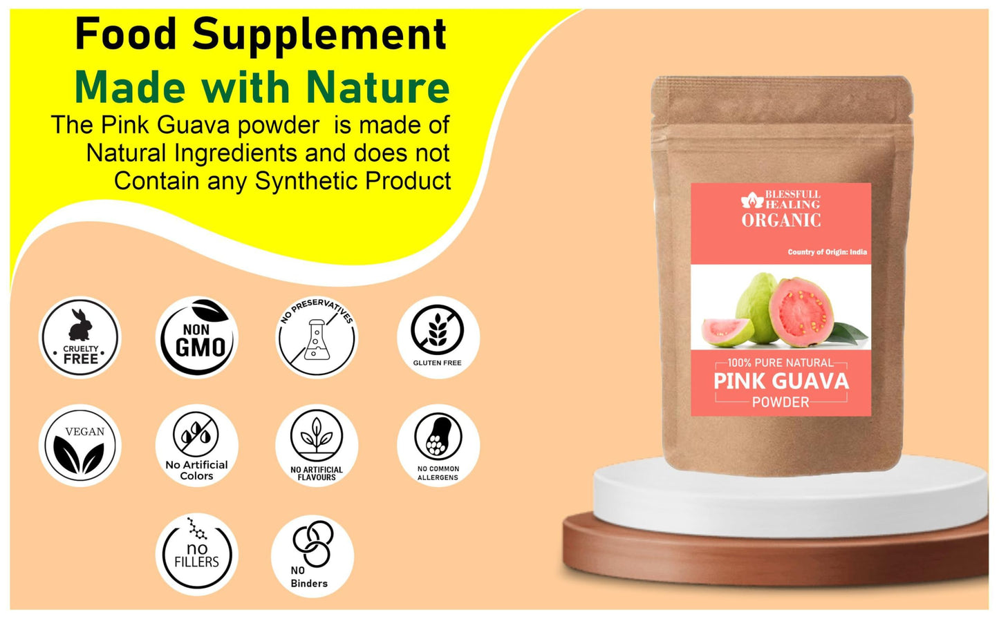 Blessfull Healing Organic Pink Guava Powder – 100% Pure & Natural, 100 g (3.52 oz)