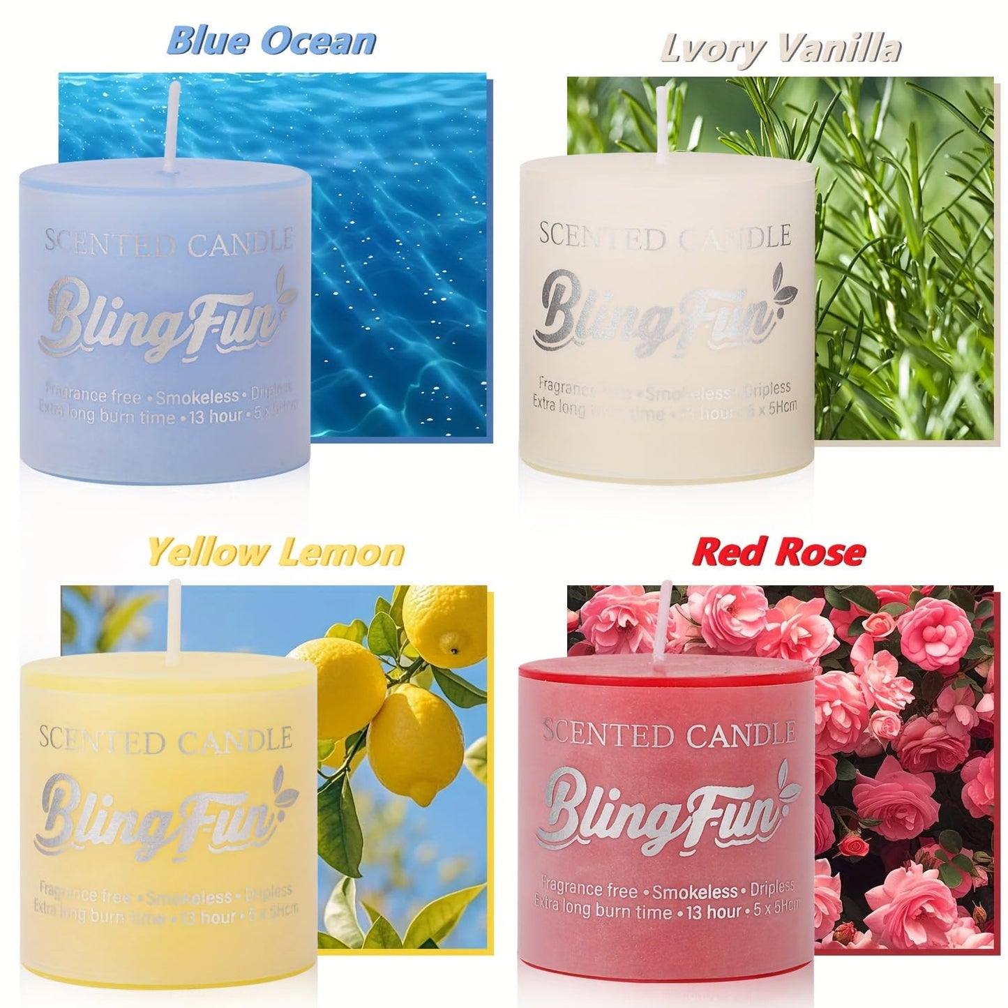 Blingfun 4-Piece Flower Scented Candle Gift Set | 3.2oz Natural Soy Wax, Long-Lasting Fragrance
