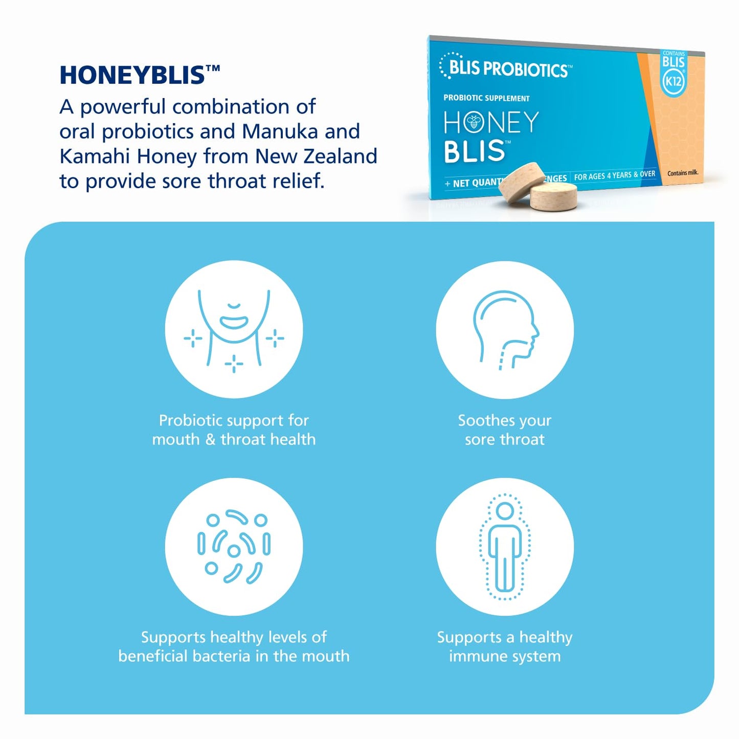 BLIS HoneyBlis Oral Probiotic Lozenges with Manuka Honey & K12 | Immune Support - 16 Lozenges