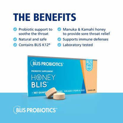 BLIS HoneyBlis Oral Probiotic Lozenges with Manuka Honey & K12 | Immune Support - 16 Lozenges