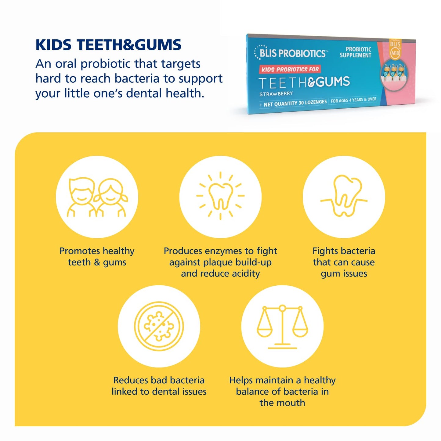 BLIS Kids Teeth & Gums Oral Probiotics – Strawberry, 30 Lozenges