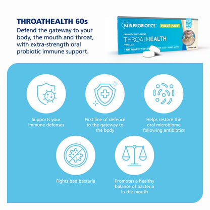 BLIS ThroatHealth K12 Probiotics - Immune & Throat Support, Vanilla, 60 Lozenges, 2.5B CFU