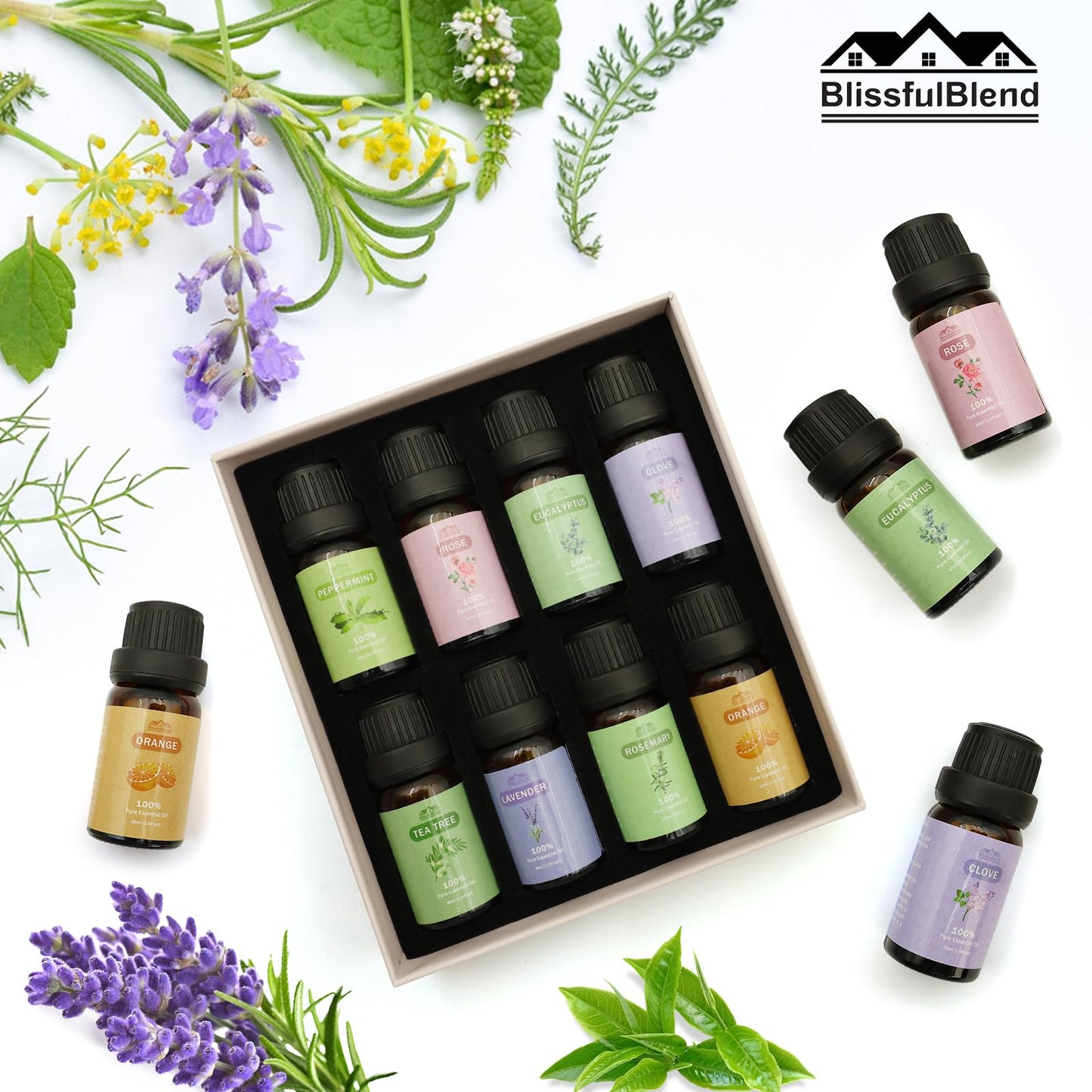 BlissfulBlend 8-Piece Pure Essential Oils Gift Set – Peppermint, Lavender, Eucalyptus & More