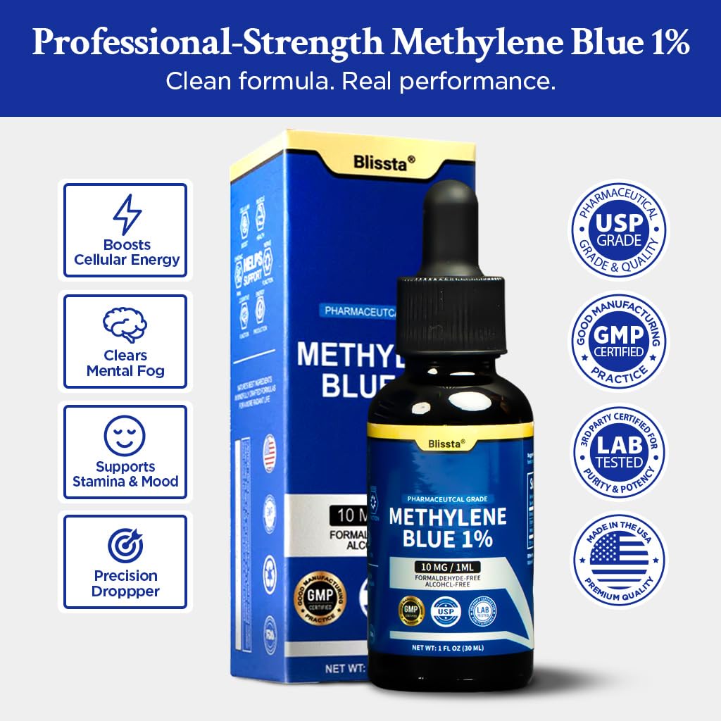 Blissta USP Pharmaceutical Grade Methylene Blue 1% Solution – Third-Party Lab Tested, Formaldehyde-Free, Heavy Metal Free – Nootropic & Cognitive Support – 30ml