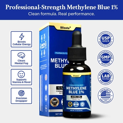 Blissta USP Pharmaceutical Grade Methylene Blue 1% Solution – Third-Party Lab Tested, Formaldehyde-Free, Heavy Metal Free – Nootropic & Cognitive Support – 30ml