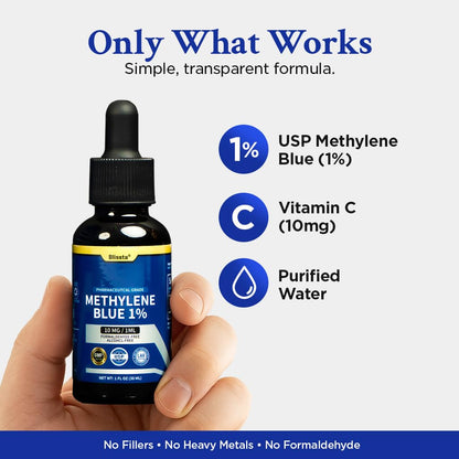 Blissta USP Pharmaceutical Grade Methylene Blue 1% Solution – Third-Party Lab Tested, Formaldehyde-Free, Heavy Metal Free – Nootropic & Cognitive Support – 30ml
