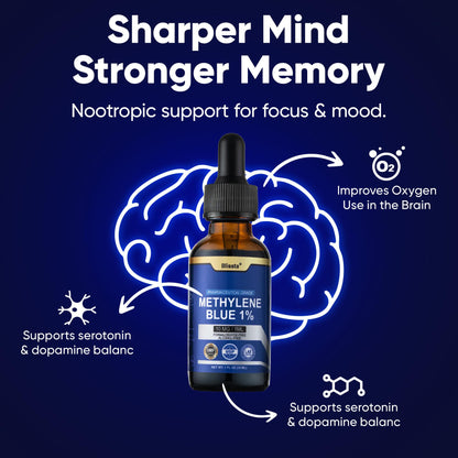Blissta USP Pharmaceutical Grade Methylene Blue 1% Solution – Third-Party Lab Tested, Formaldehyde-Free, Heavy Metal Free – Nootropic & Cognitive Support – 30ml