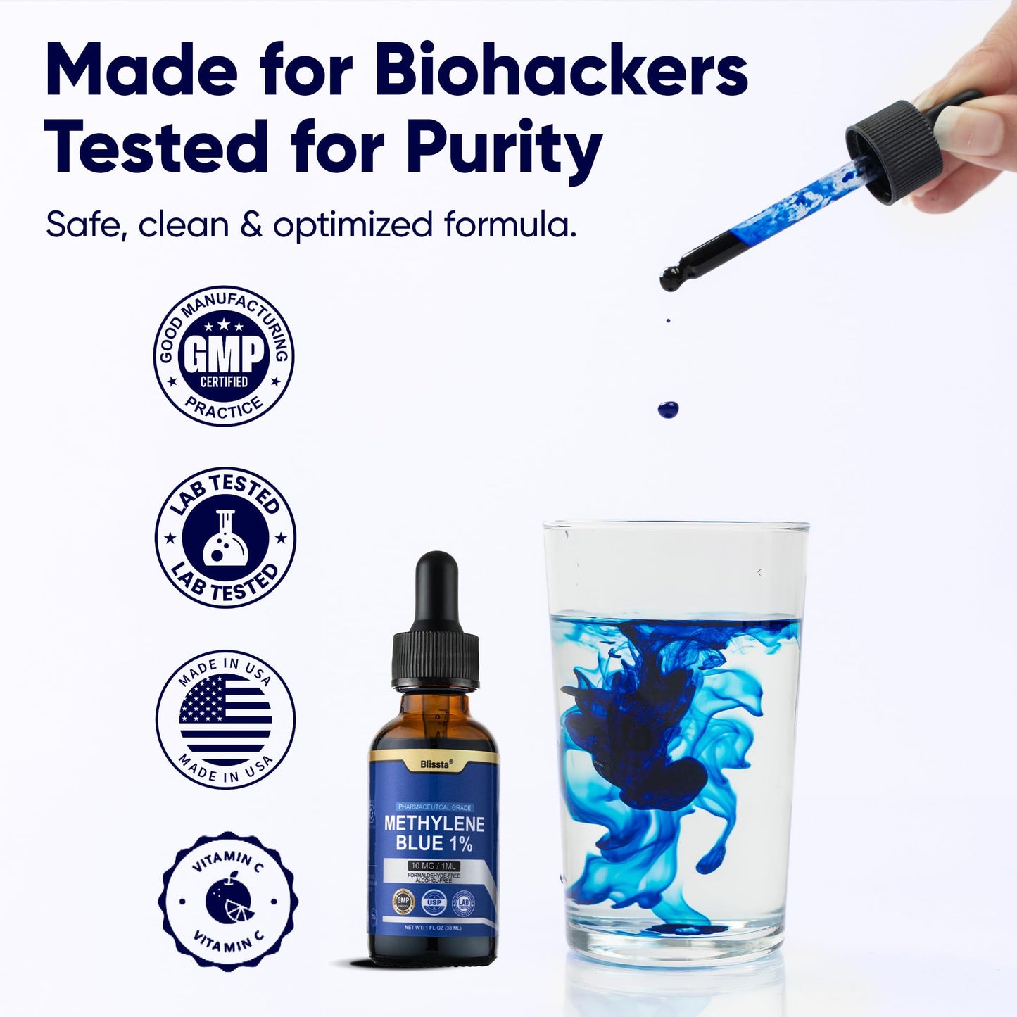 Blissta USP Pharmaceutical Grade Methylene Blue 1% Solution – Third-Party Lab Tested, Formaldehyde-Free, Heavy Metal Free – Nootropic & Cognitive Support – 30ml