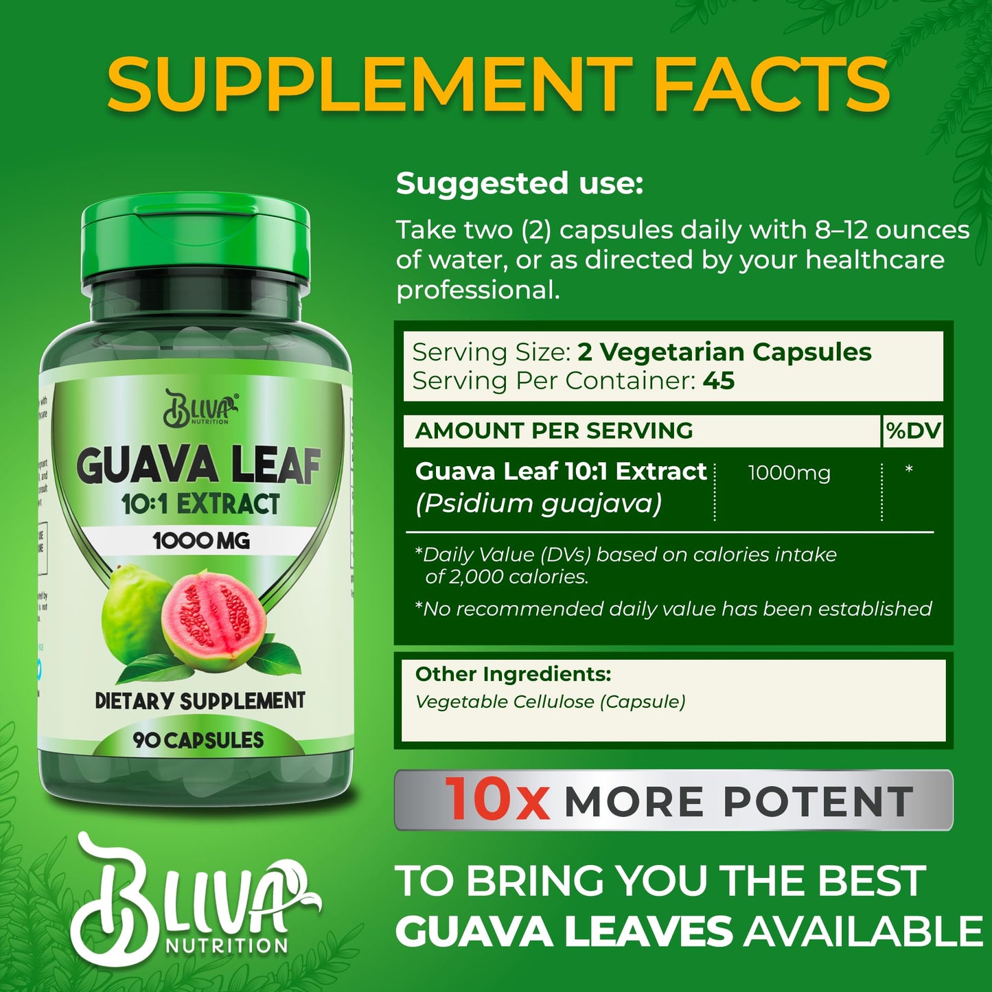 BLIVA Guava Leaf Extract Capsules – 1000 mg (10:1) – 90 Vegetarian Capsules