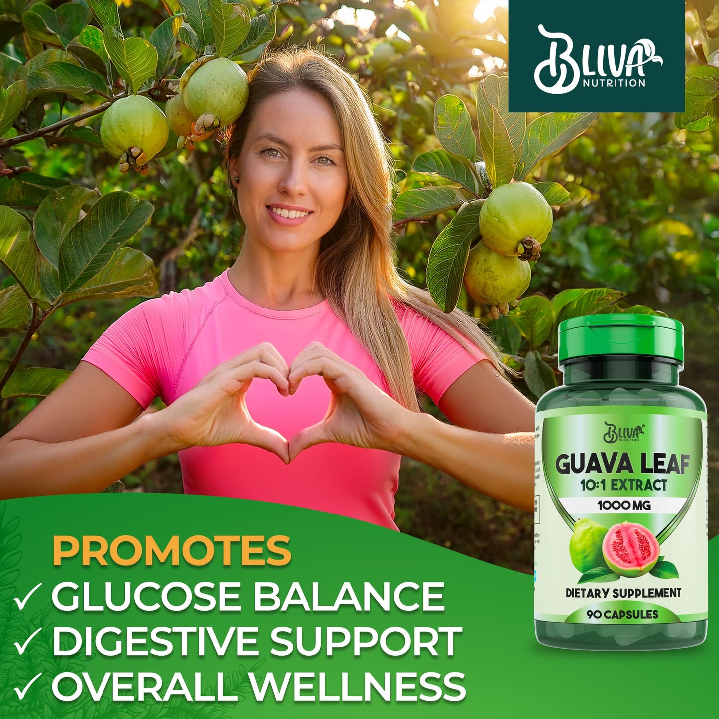 BLIVA Guava Leaf Extract Capsules – 1000 mg (10:1) – 90 Vegetarian Capsules