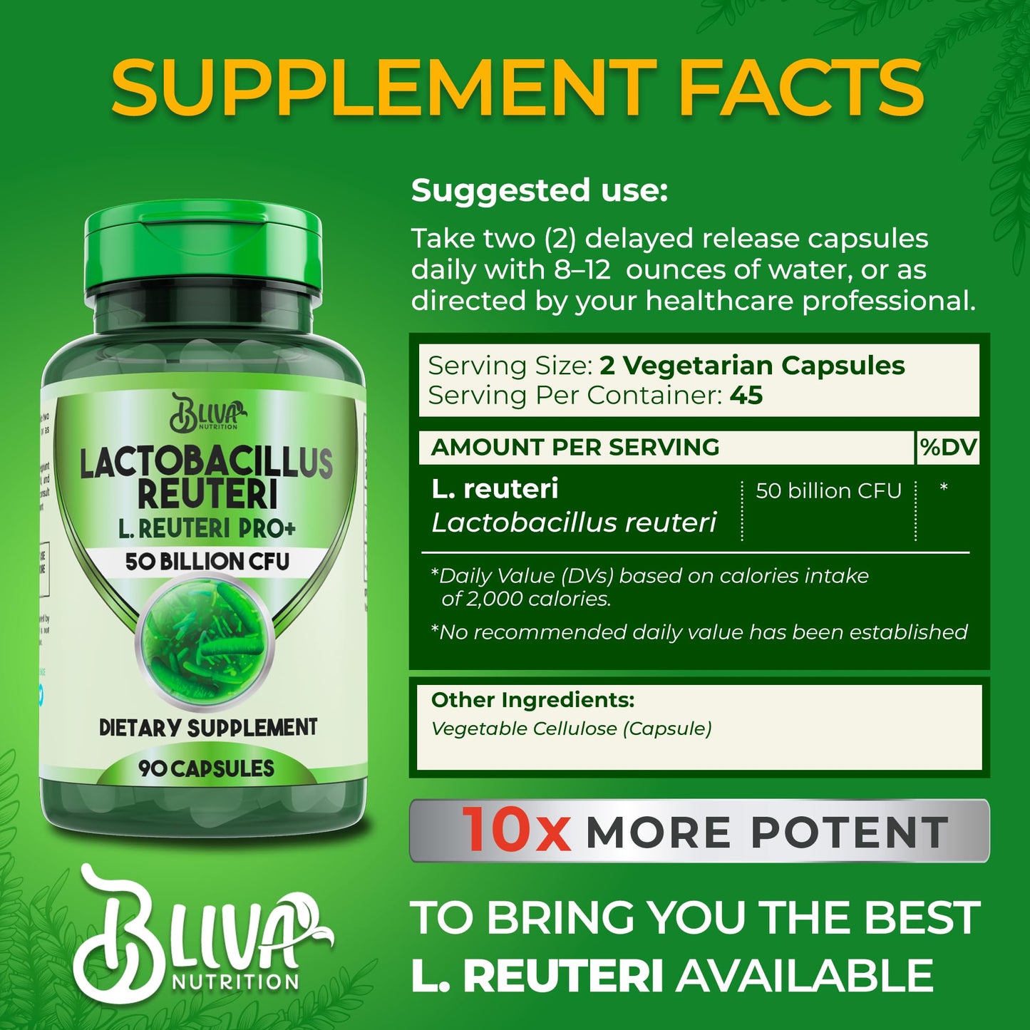 BLIVA Lactobacillus Reuteri Capsules – 50B CFU per Serving, 90 Caps