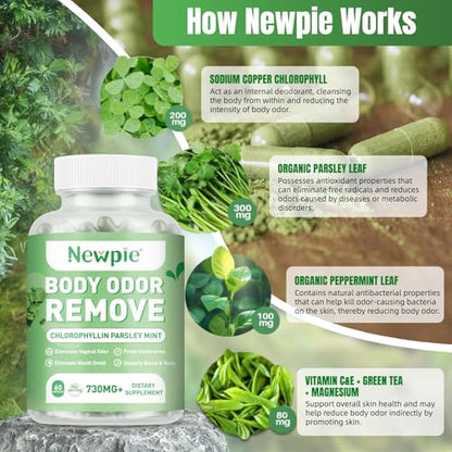 Blltzzz Newpie Body Deodorizing Supplement - Chlorophyll Capsules for Skin, Breath & Odor Control | Vegan, Gluten Free, 60 Capsules