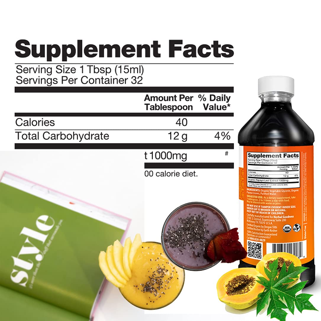 Herbal Goodness Papaya Leaf Extract 15X Platelet Support – Organic 16 oz Liquid