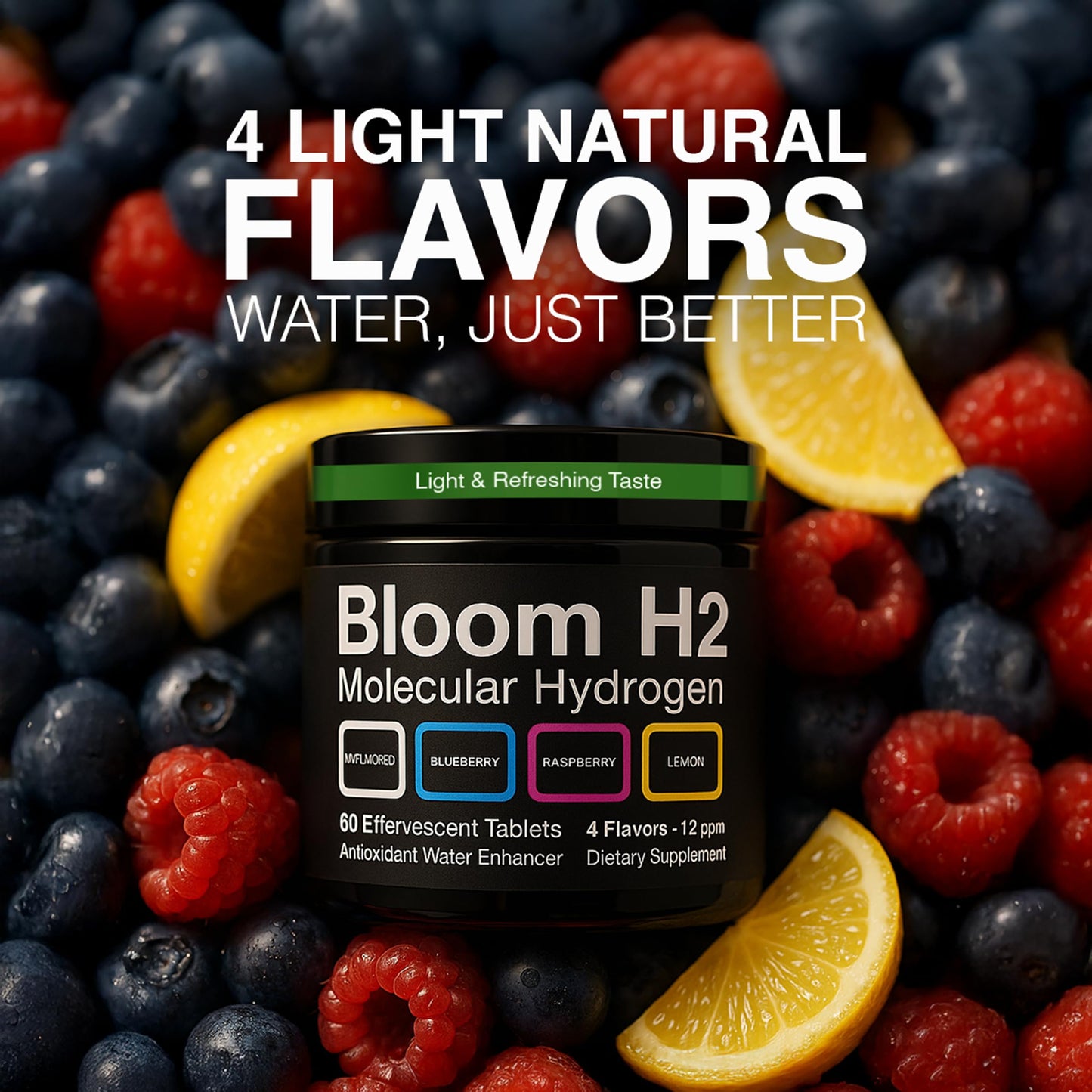 Bloom H2 Tabs – Hydrogen Water Tablets with Magnesium (12 ppm) – 60 Count, 4 Flavors