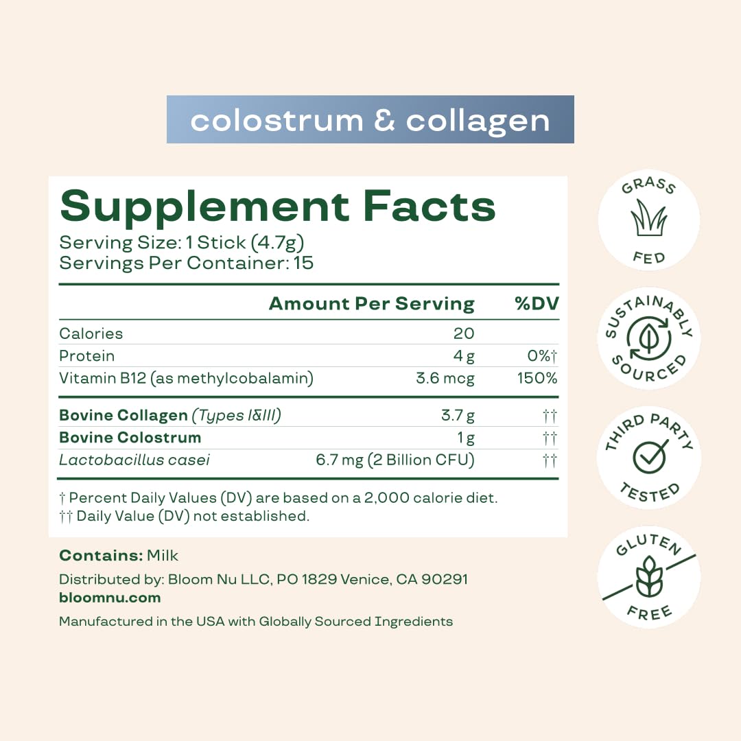 Bloom Nutrition Bovine Colostrum Powder Packet - Gut Health, Immune Support, Hair Growth & Beauty | Gluten Free, Sugar Free, Unflavored, 15 Servings