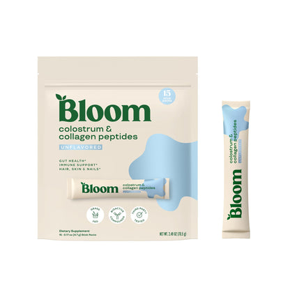 Bloom Nutrition Bovine Colostrum Powder Packet - Gut Health, Immune Support, Hair Growth & Beauty | Gluten Free, Sugar Free, Unflavored, 15 Servings