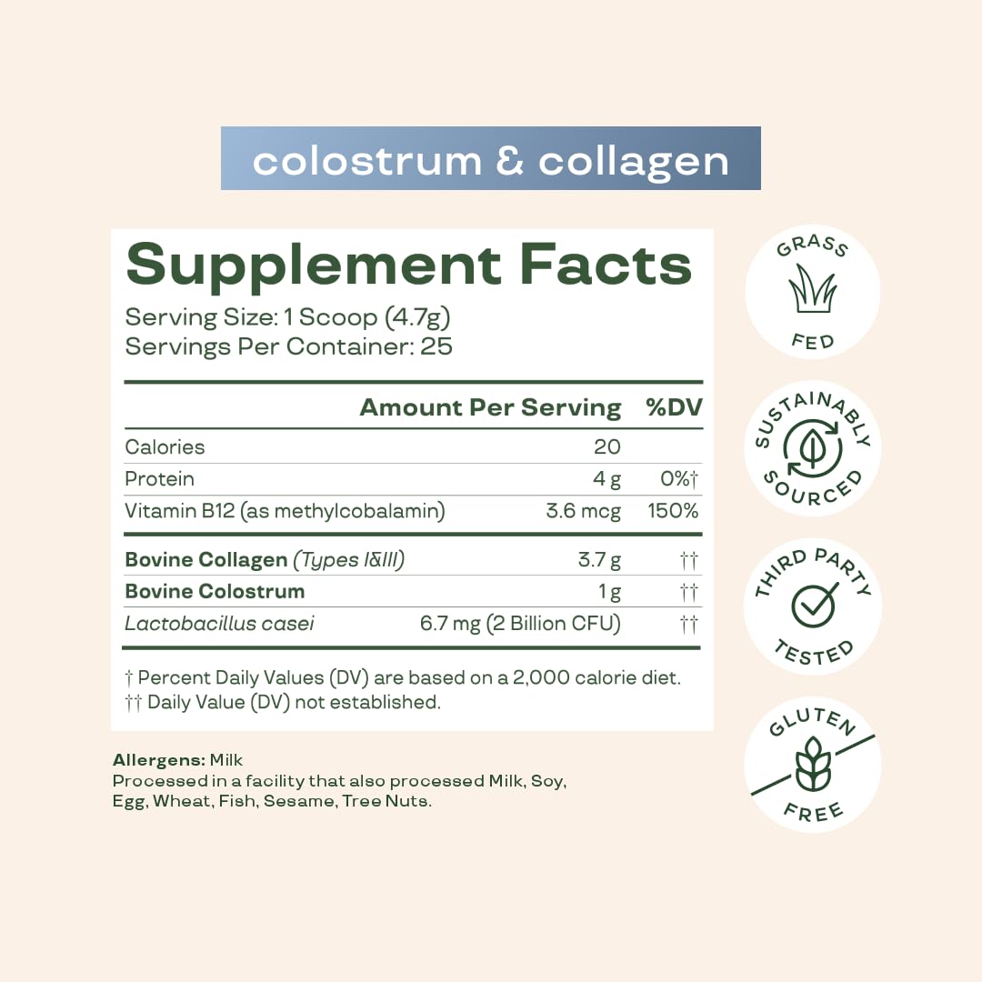 Bloom Nutrition Bovine Colostrum Powder with Vitamin B12 | Gut Health, Immunity & Beauty – Unflavored, 25 Servings