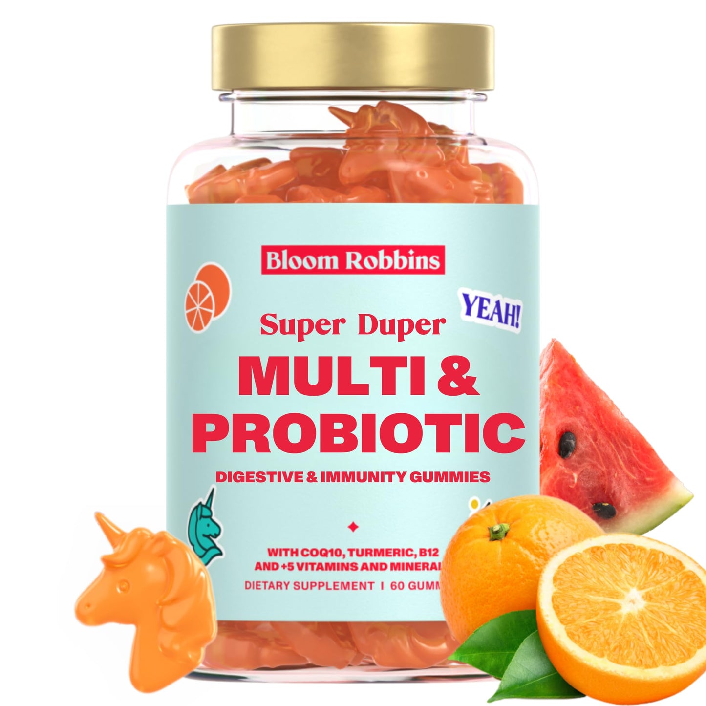 Bloom Robbins Probiotic Gummies – Fiber & Digestive Health with Turmeric Root Extract (Vegan, Non-GMO)