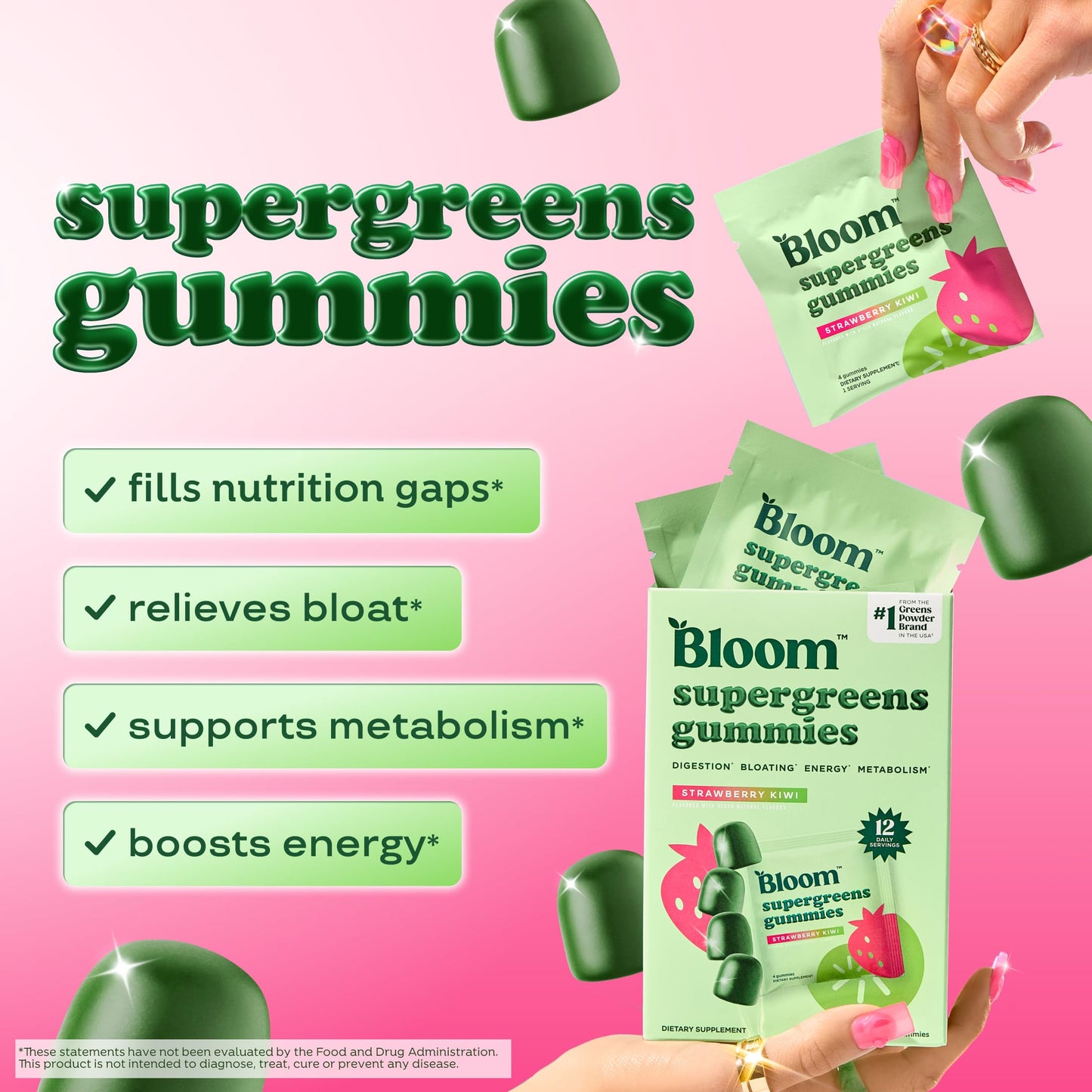 Bloom Super Greens Gummies - Strawberry Kiwi Digestive Support & Fiber