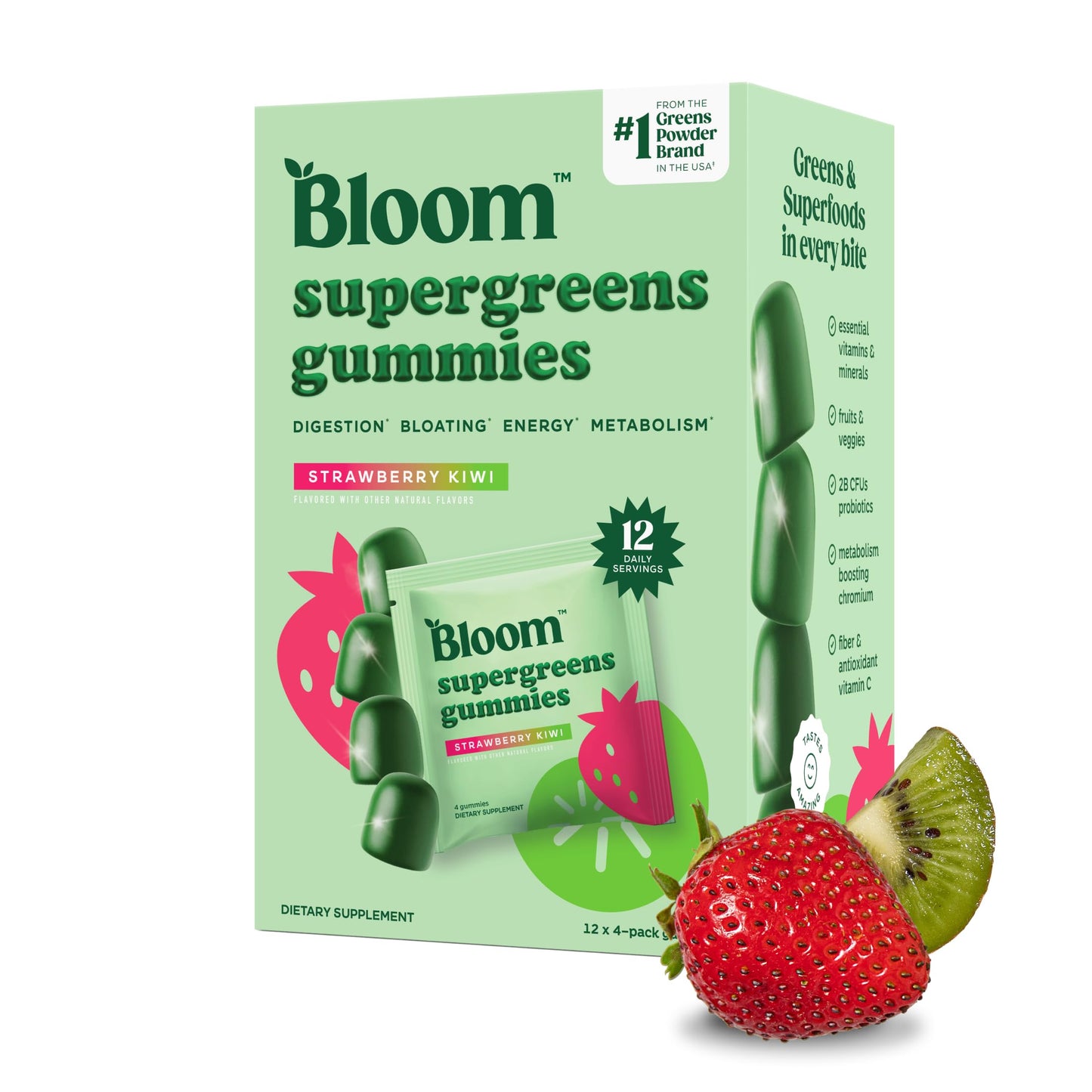Bloom Super Greens Gummies - Strawberry Kiwi Digestive Support & Fiber