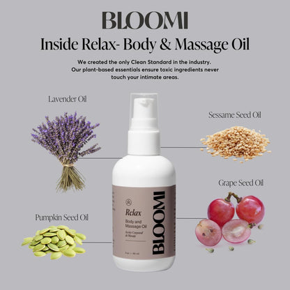 Bloomi Relax Body & Massage Oil, 3oz (1) – Calming Lavender for Relaxation, Stress Relief, Skin Hydration & Moisturizing Therapy