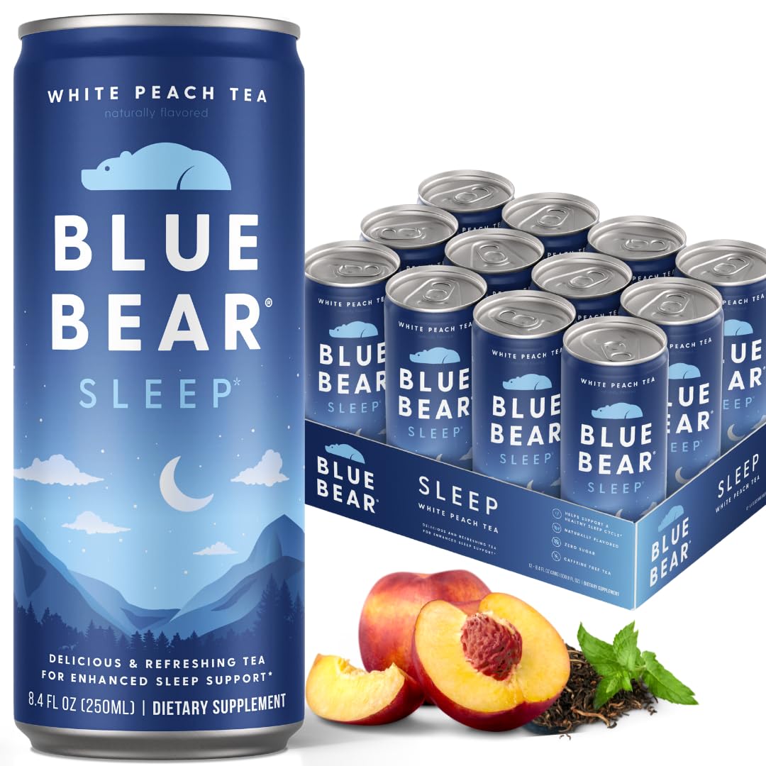 Blue Bear Melatonin Sleep Drink – White Peach Tea with 5 mg Melatonin, Caffeine-Free, Zero Sugar, 8.4 fl oz (12-Pack)