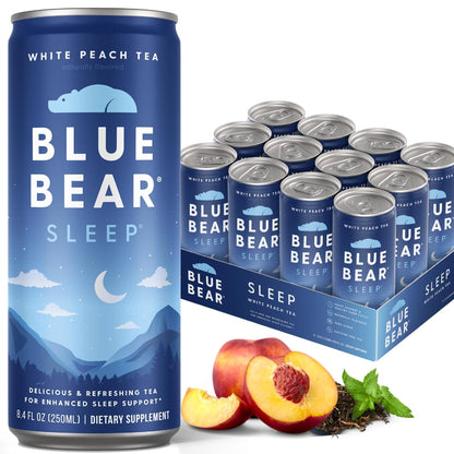 Blue Bear Melatonin Sleep Drink – White Peach Tea with 5 mg Melatonin, Caffeine-Free, Zero Sugar, 8.4 fl oz (12-Pack)